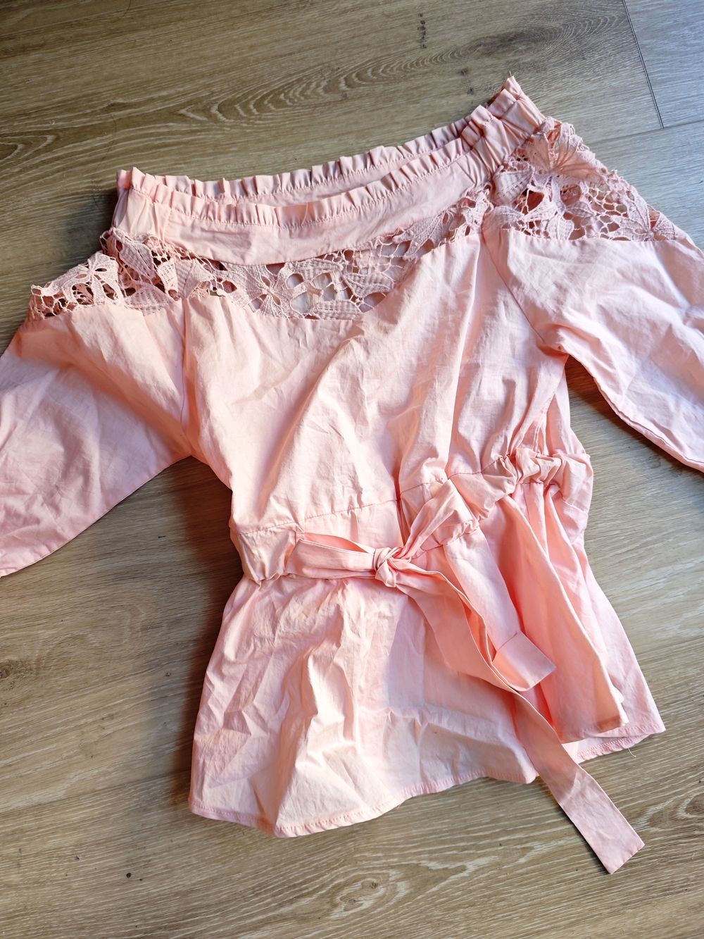 Azaka Paris Peach Off-Shoulder Lace Trim Tie-Waist Top